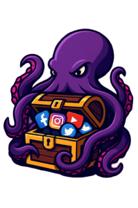 A vector-style illustration of a Kraken wrapping its tentacles around a pirate treasure chest filled with social media icons, symbolizing creative ad performance and digital growth.
