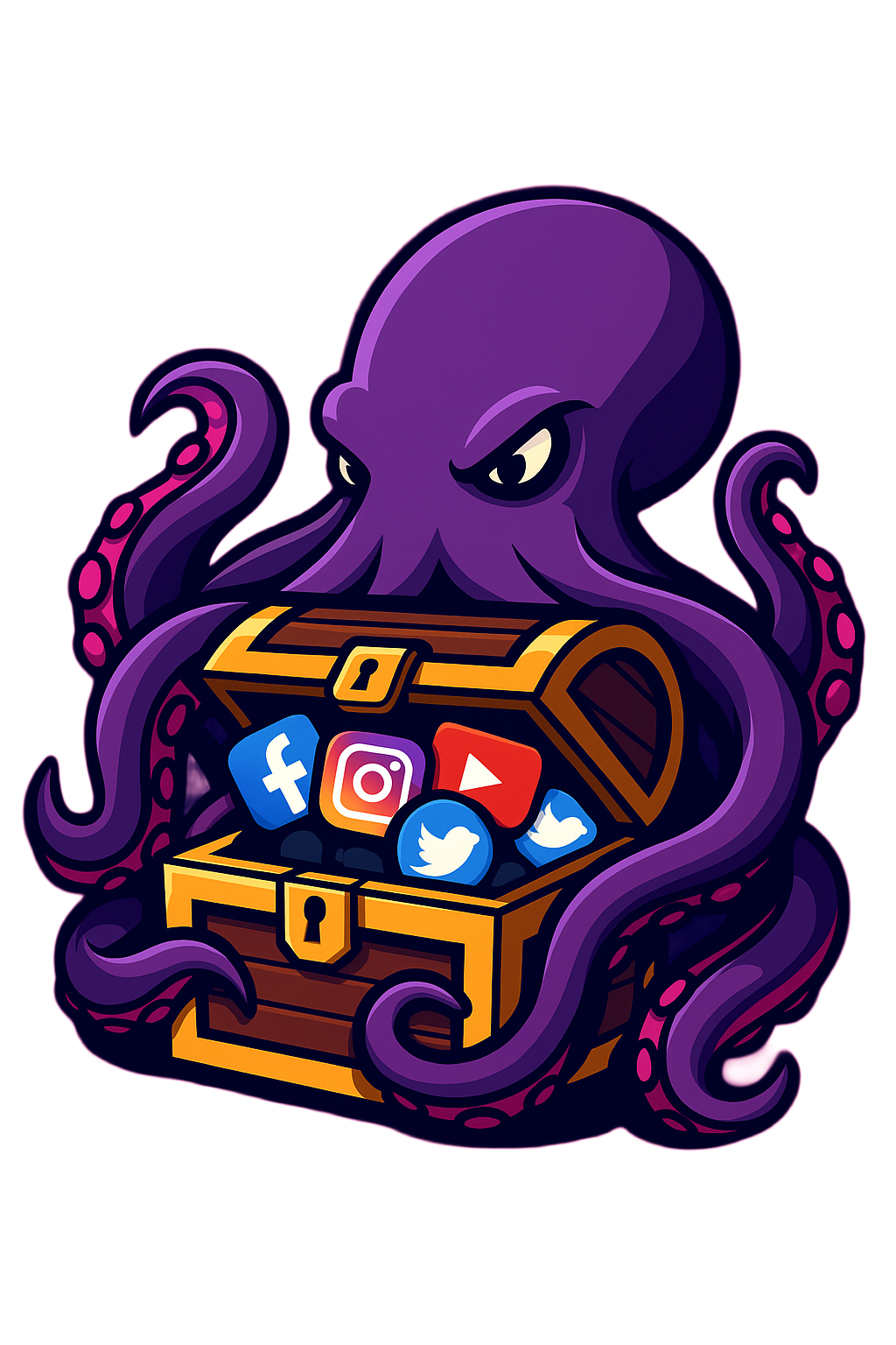 A vector-style illustration of a Kraken wrapping its tentacles around a pirate treasure chest filled with social media icons, symbolizing creative ad performance and digital growth.