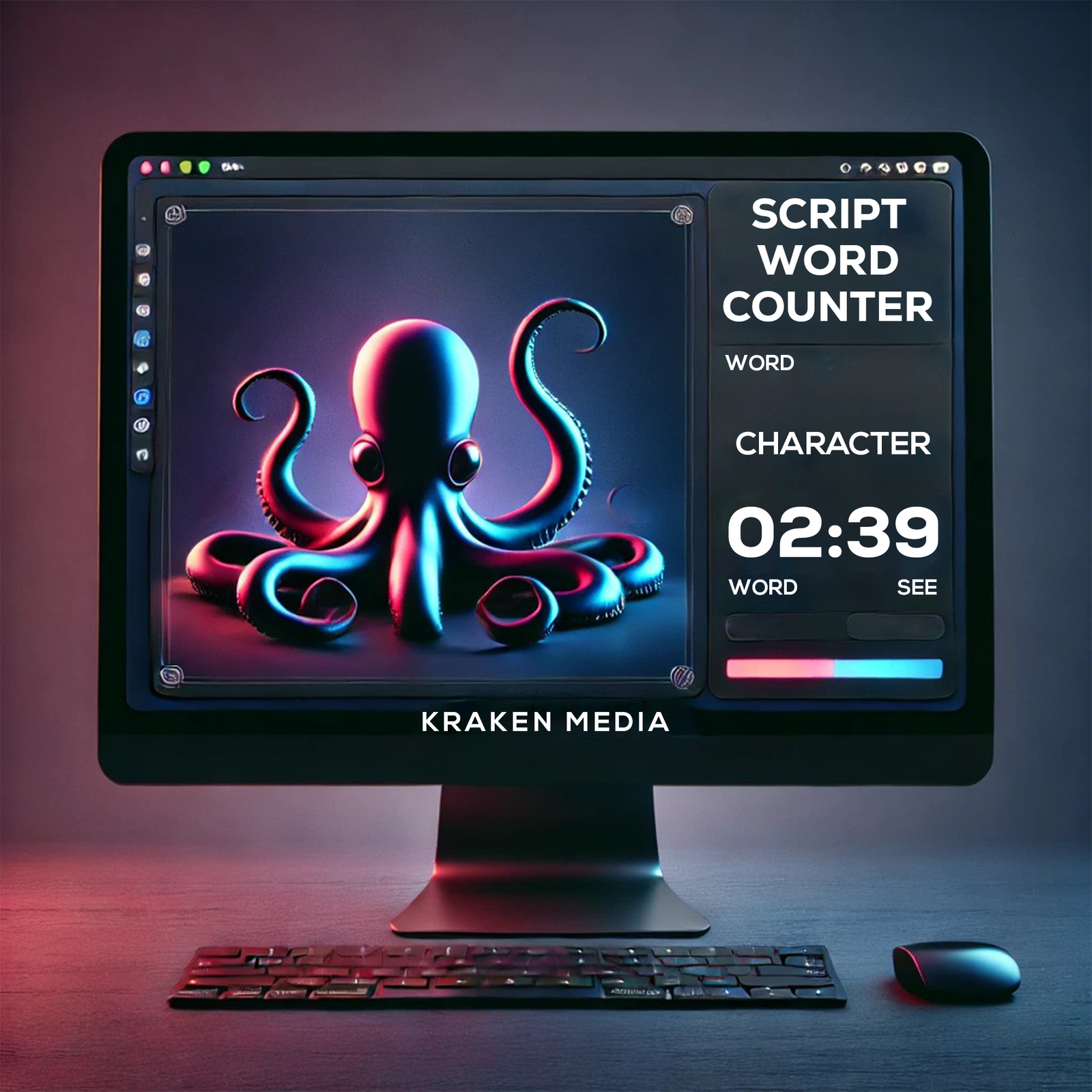 3D Kraken mascot on a computer screen representing the Kraken Media Script Word Counter tool.
